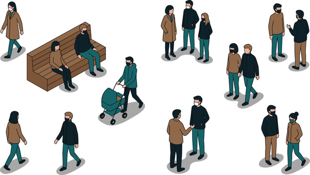 Isometric vector illustration of people wearing protective face masks while walking, sitting on a bench, and pushing a stroller in public spaces