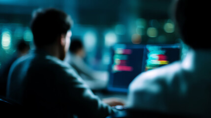 Blurred image of people working at computers displaying colorful code on screens in a dimly lit office environment