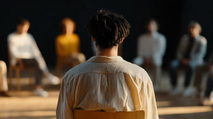 A group therapy or support session with people sitting in a circle, focusing on one individual in the foreground, highlighting connection and emotional support