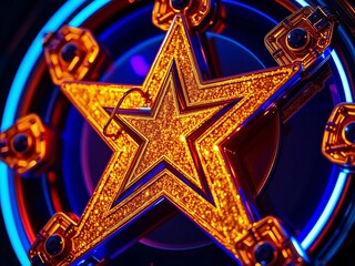 Extreme close-up of a glittering golden star badge with cybernetic enhancements, bathed in electric blue neon,  reward,  bonus