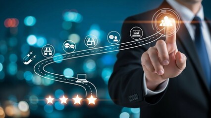 Businessman pointing at customer journey roadmap with digital marketing icons, strategic business growth and customer experience mapping concept.
