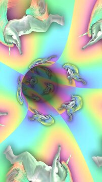 Seamless funny vertical video of a crazy unicorn dancing with long rainbow hair with tunnel effect