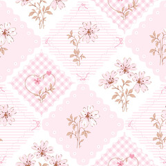Cute floral pattern in pink color. Small pink flowers on Stripe, Gingham background. Daisy floral seamless pattern. Pretty cottagecor print. surface design for fashion, fabric, wallpaper, textile