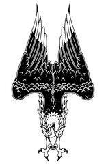 Bold black and light-toned illustration of a bald eagle diving with its talons extended.