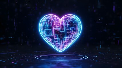 A vibrant digital heart illuminated with neon lines, representing technology and emotion