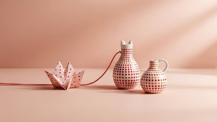 Vibrant polka dot vases and origami flower on pink background