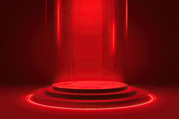 A luminous, tiered stage bathed in crimson light, with vertical beams overhead