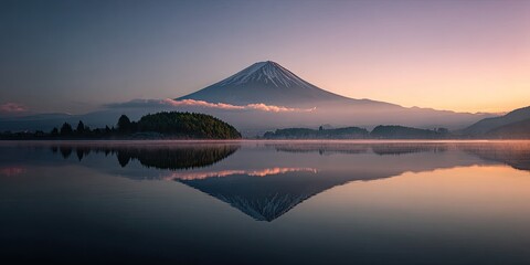 Majestic snow-capped mountain mirrored in a calm lake at sunrise with pastel-colored skies