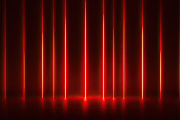 Red neon vertical light stripes illuminating a dark reflective floor