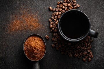 Black coffee in mug, with beans, grounds, and a scoop on a dark textured surface