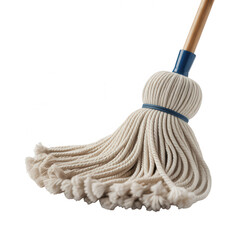 Classic cotton string mop with wooden handle and blue band transparent background isolated on a transparent background