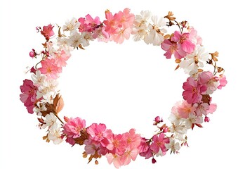 Oval floral wreath of pink and white blossoms against a bright white backdrop