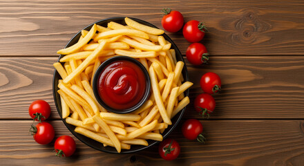 Golden french fries with a rich ketchup dip and fresh cherry tomatoes on a rustic wooden table