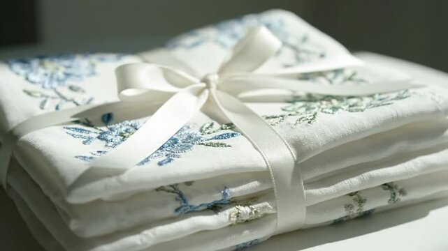 Beautifully folded white linens with floral embroidery and ribbon bow