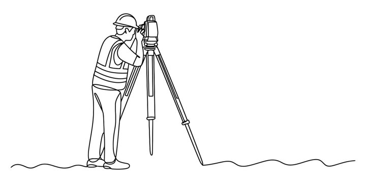 A single line drawing of a land surveyor working with a total station on a construction site Vector, illustration