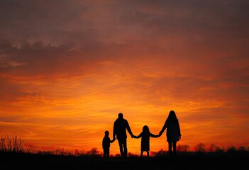 Silhouette of a family holding hands, watching a vivid orange and red sunset