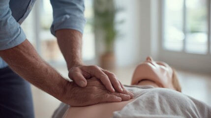 Hands are seen applying chest compressions on a medical mannequin during a first aid education class held indoors. The setting features soft natural light