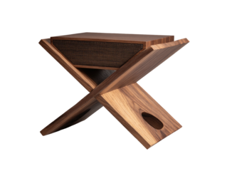 Minimalist wood stool with crossed legs, dark finish