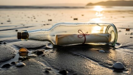 A message in a bottle washed ashore on a serene beach at golden hour
