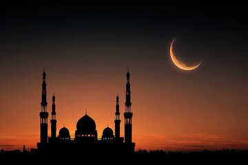 Silhouette of a mosque with minarets against an orange sunset and crescent moon (1)