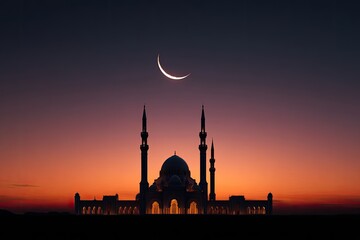Silhouette of a grand mosque against a gradient sky, with a crescent moon above