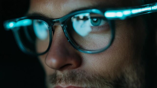Man wearing glasses with computer screen reflection in the lenses.