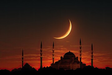 Silhouette of a mosque with minarets under a crescent moon at sunset (1)