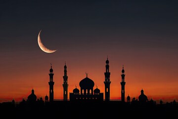 Silhouette of a mosque with minarets against an orange sunset and crescent moon