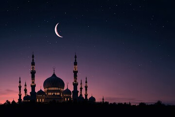 Silhouette of a large building with domes and minarets beneath a crescent moon