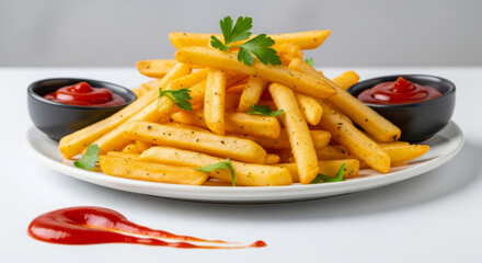A plate of crispy golden french fries garnished with parsley, accompanied by two bowls of ketchup