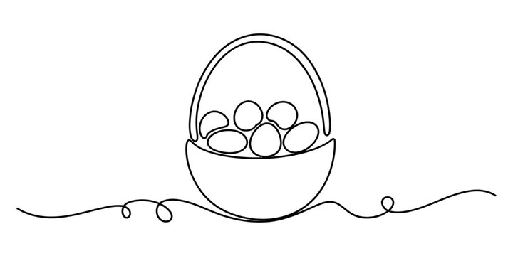 Continuous line art drawing of an easter basket filled with eggs on a white background. Vector, illustration