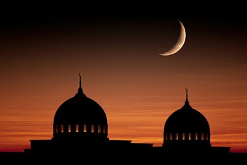 Silhouette of mosque domes under a crescent moon in a twilight sky