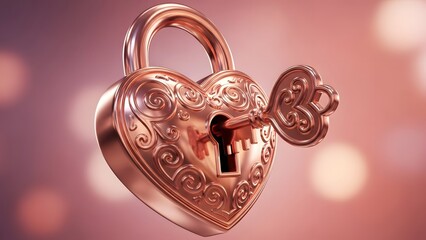 A beautifully ornate rose gold heart padlock with a matching key unlocking love