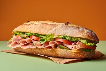 Freshly made sandwich with ham, lettuce, tomato, and avocado on a crusty bread