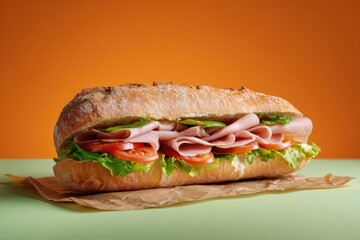 Delicious sandwich with ham, tomatoes, and lettuce on a rustic roll against a vibrant backdrop