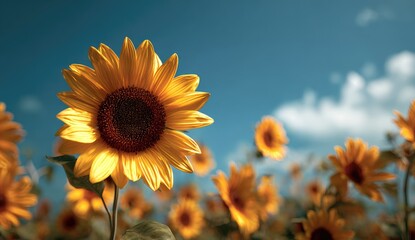 Close-up of a sunflower in field of others against a bright blue sky