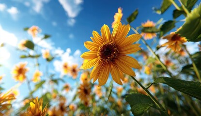 A field of vibrant yellow sunflowers basks in bright sunlight against a blue sky