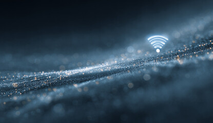 Abstract digital illustration of wireless network connection with glowing wi-fi messaging app icon over a textured dark blue background