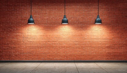 Three hanging lamps illuminate a brick wall over a concrete floor, casting shadows