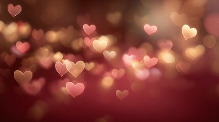 Glowing heart-shaped bokeh lights create a romantic atmosphere in warm red and gold tones for valentines day festivities. This seamless background is ideal for various designs