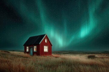 A lone, red cottage illuminated against a vibrant aurora borealis sky