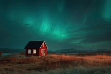A solitary red cabin on a field under a vibrant aurora borealis sky