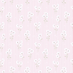 White floral pattern in small design. Small cute flowers on pink stripe background. Ditsy floral seamless pattern. Pretty small print. Daisy flower, surface design for fashion, wallpaper, textile