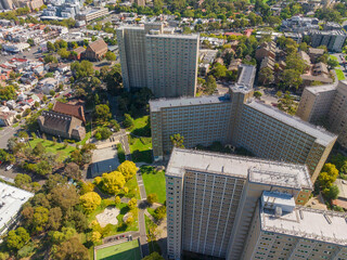 Aerial view of high rise apartment buildings in a metropolitan suburb