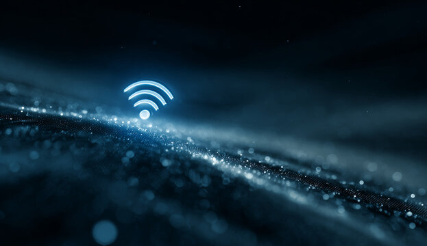 Abstract digital illustration of wireless network connection symbol with glowing wi-fi icon and digital particles on a dark futuristic background - Powered by Adobe