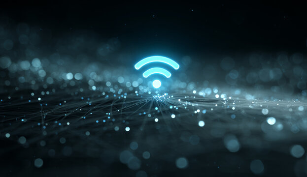 Abstract digital visualization of wireless network connection with glowing messaging app icon and flowing data points in a futuristic dark environment - Powered by Adobe