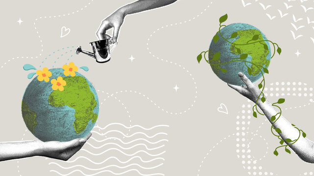 Global environmental awareness. A trendy halftone collage. The concept is to develop a sustainable future and protect natural resources.