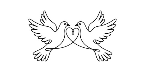 Obraz premium Continuous line art illustration of two doves forming a heart shape, symbolizing peace and love Vector, illustration