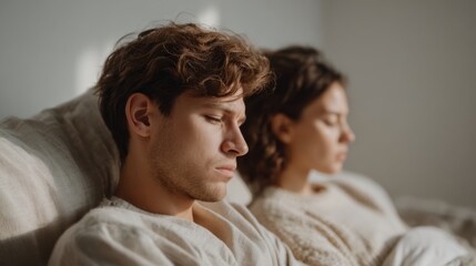 An upset couple lies back to back in bed, clearly showing emotional distance. The soft light creates a realistic lifestyle scene in neutral tones, highlighting their feelings of disconnect