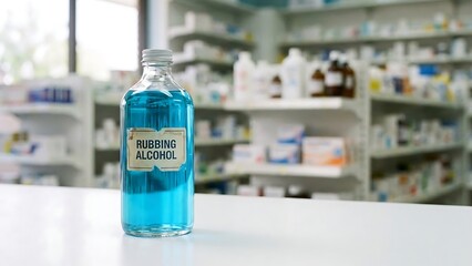 Bottle of blue rubbing alcohol on a pharmacy counter, a clear solution for cleaning and disinfection.